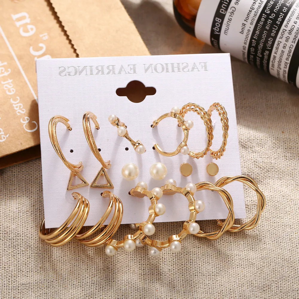 

Newest Fashion Dainty Pearl Gold Metal Circle Hoop Drop Earrings 9 Pairs Set Tiny Stud Earrings for Women Jewelry