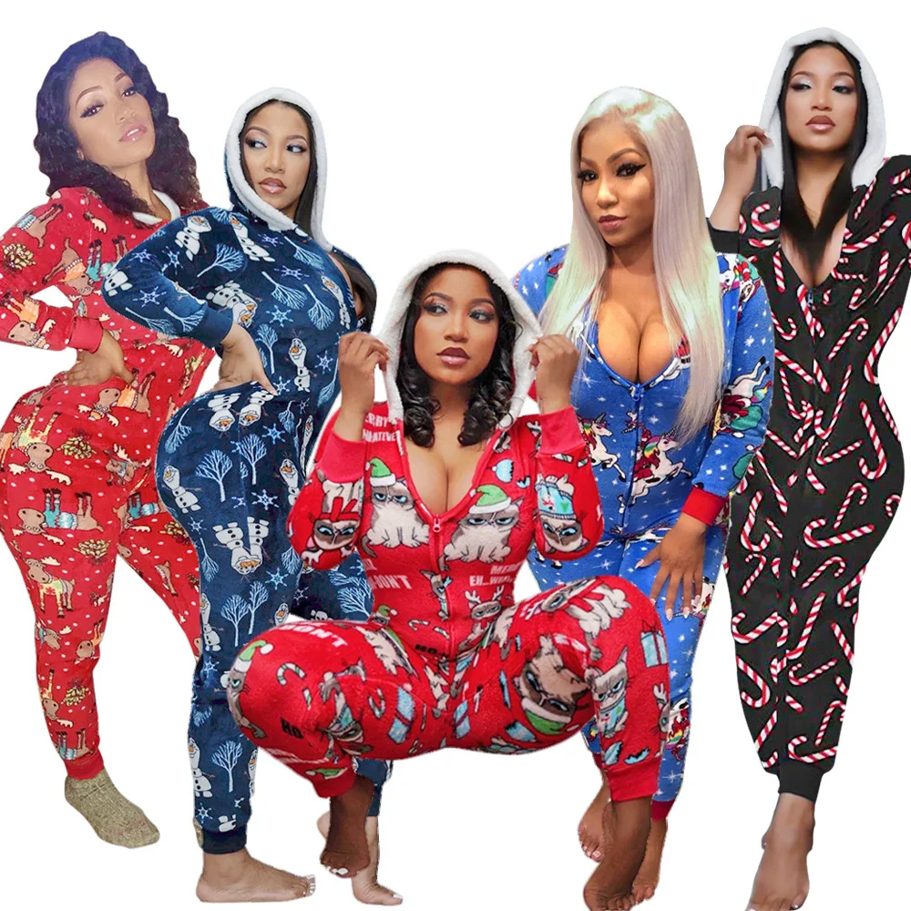 

Hot selling autumn and winter printed casual women's clothing hooded Christmas home wear V-neck jumpsuit women S390043, Picture