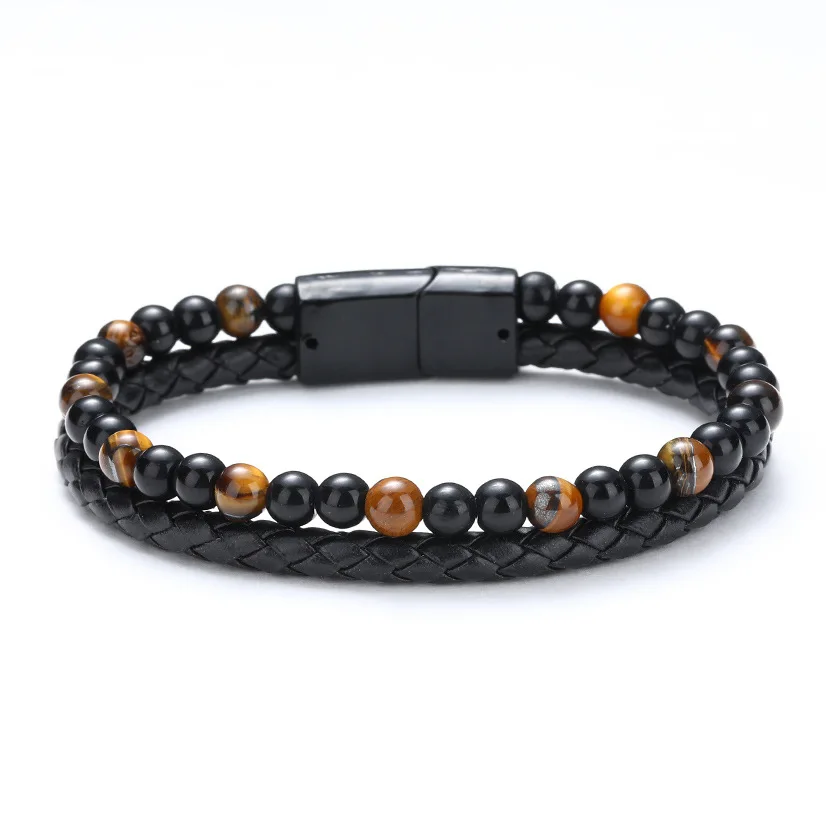 QIUHAN New Men  Alloy Leather Strap Double Layer Tiger Eye Natural Stone Bracelet