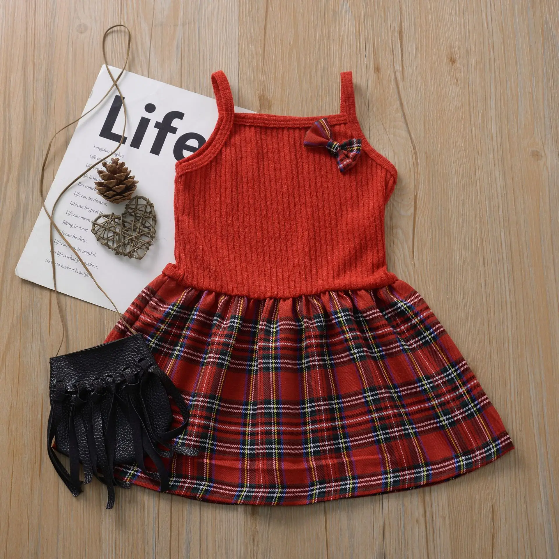 

Summer Straps Tulle Bows Plaid Children Kids Girls Dress Sleeveless Sundress A-line Casual Dress For Baby Girl, Red,black
