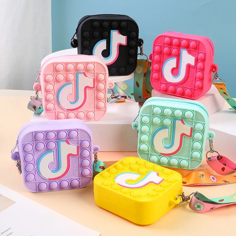 

Fashion purse bags 2021 amazon hot sale tik tok pattern square kid jelly bags small mini cartoon fidget toys purse, 6colors