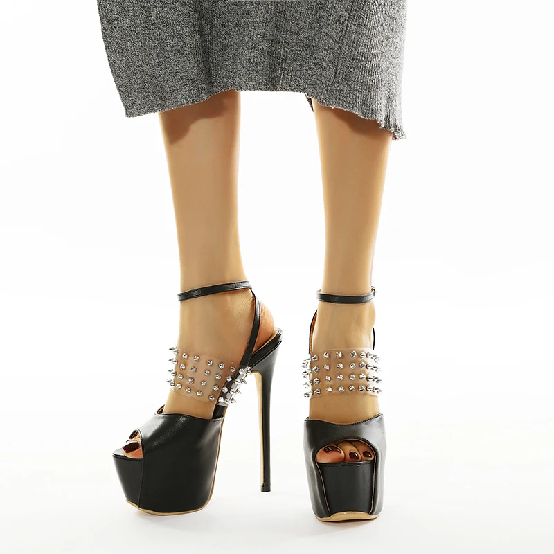 

New Italy stylish peep toe super high heels 2021 spring platform rivet luxury sandals for women and ladies, Black