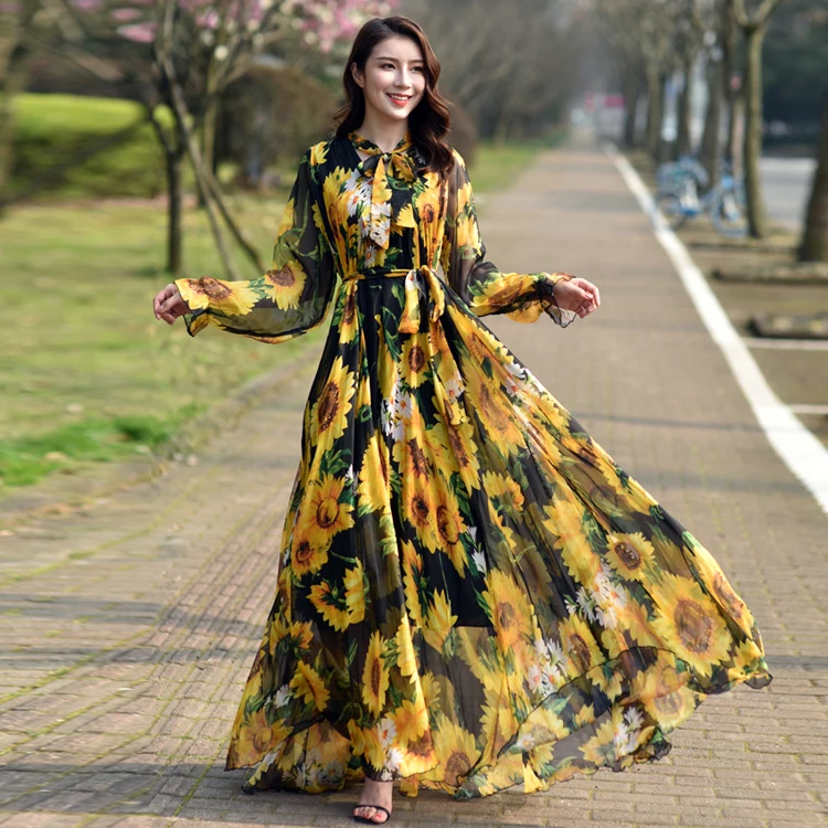 

DropShipping Fashionable Hot Selling Dress Spring Summer Sexy Floral Print Long Sleeve Chiffon casual Dress For Women Plus Size