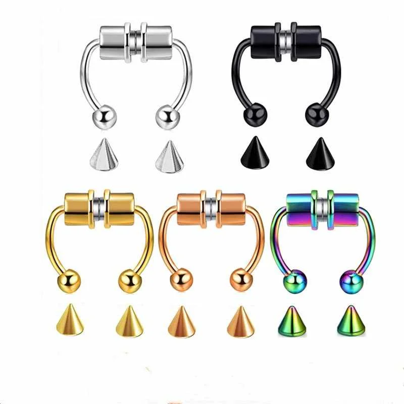 

New Stainless Steel Magnetic Nose Ring Horseshoe Ring Titanium Steel Non-perforated Nose Ring, As picture