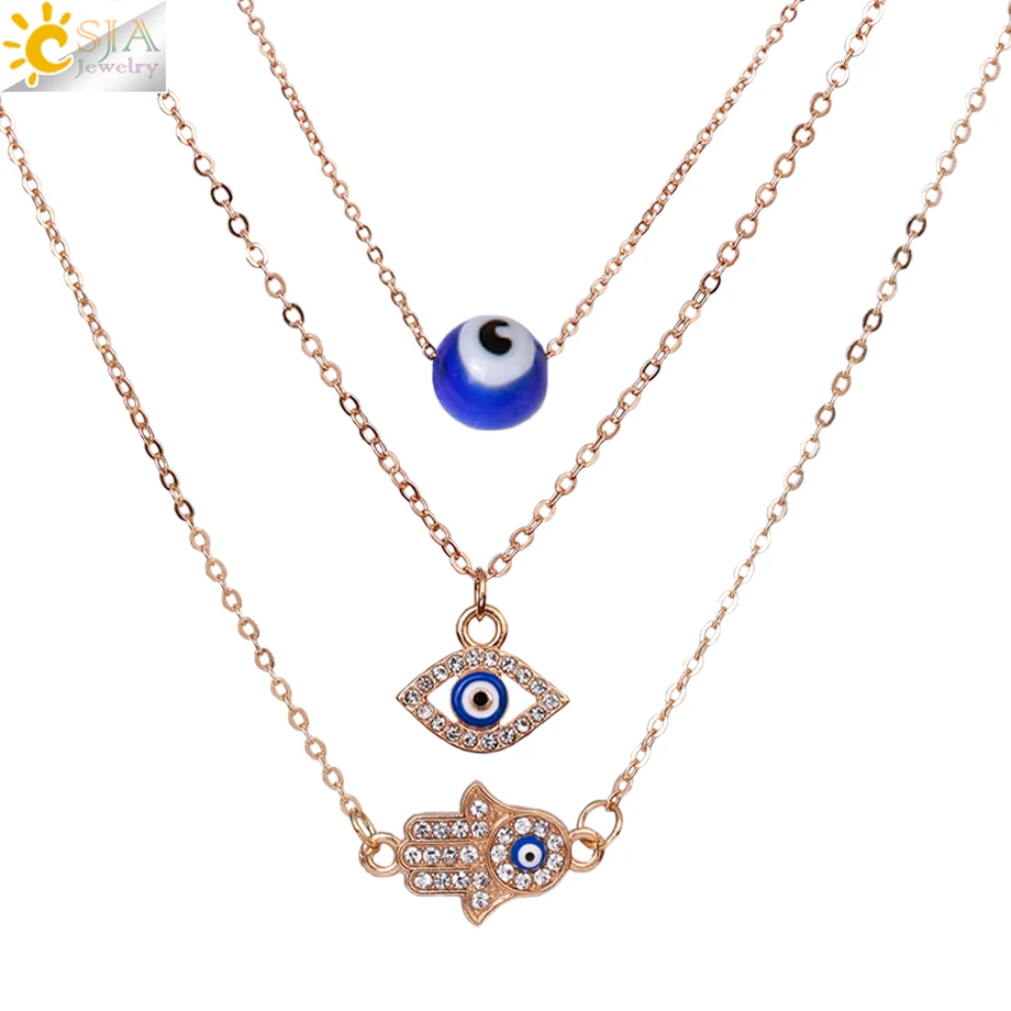 

CSJA Wholesale 3pcs/Set Glass Rhinestone Hamsa Hand Turkey Blue Evil Eye Charm Necklace Sets Jewelry For Women C08