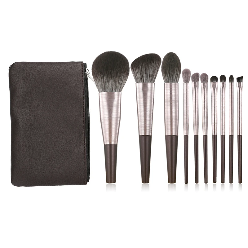 

HXT-021 10pcs professional synthetic fiber nylon hair plastic handle cosmetic brush makeup brush set private logo with pu bag