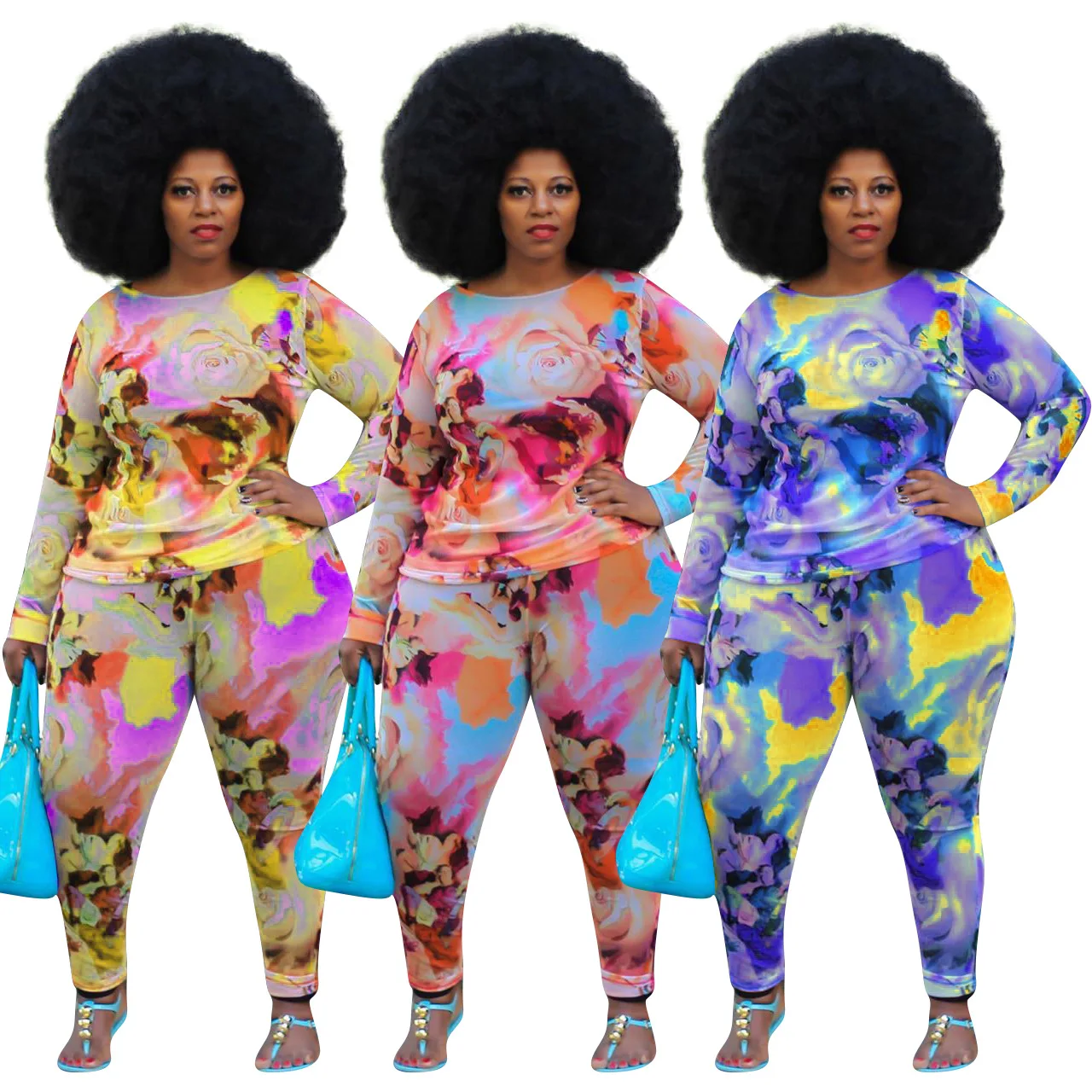 

Factory wholesale European plus size printing long sleeve two-piece autumn set female