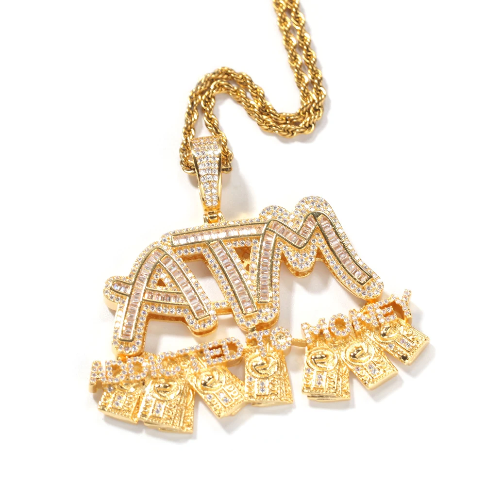 

Wholesale 18k Gold Plated Hip-hop Iced Out Cubic Zircon Diamond Big ATM US Dollar Letter Pendant Necklace, Gold/silver