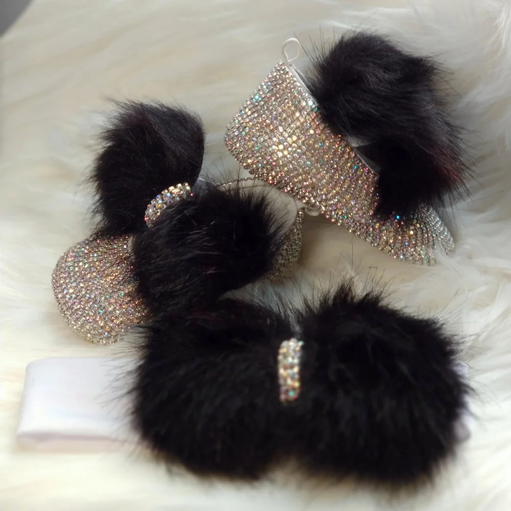 

Bling Initial Custom Crystal Mary Jane Flat Baby Girls Shoes with Fur Headband Luxury Newborn Gift Set, Black fur/ custom color