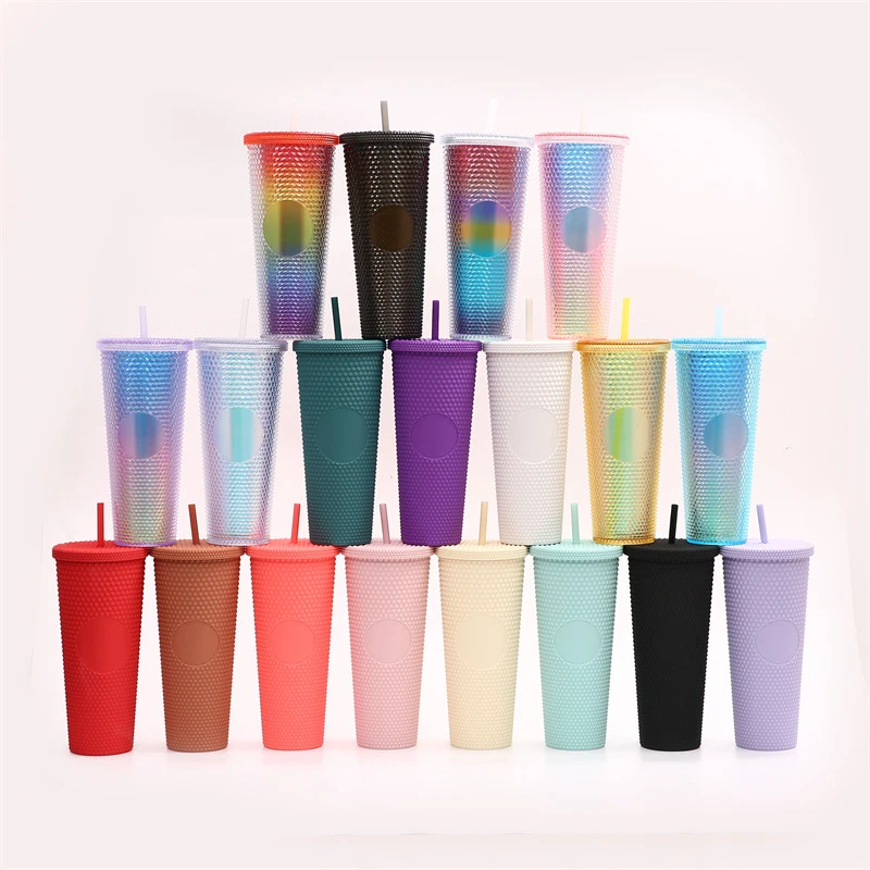 

M79 24 Oz Double Wall Matte Pink Yellow Jewled Diamond Durian Drinking Cup Plastic Acrylic Studded Tumbler With Straw