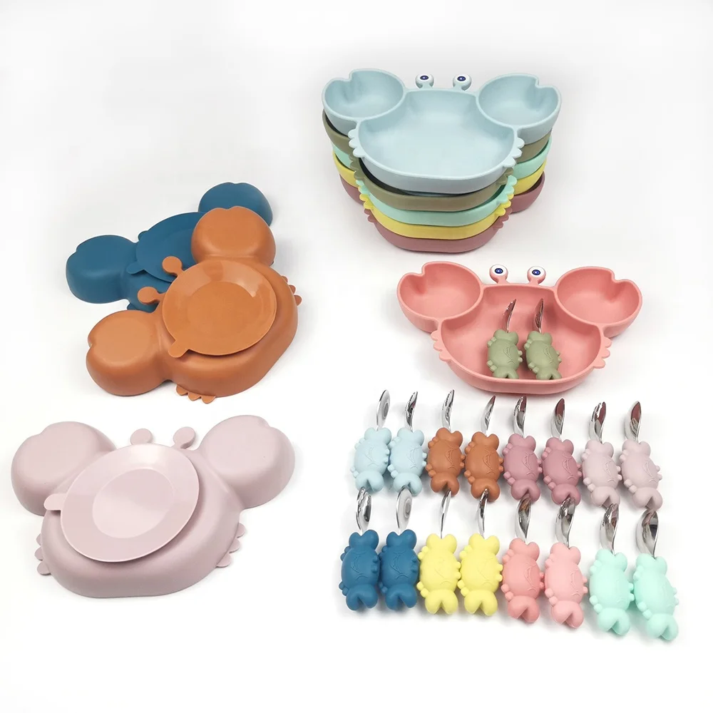 

Food Grade Baby Silicone Plate Feeding Set With Spoon And Fork Kit Bebe Plato BPA Free Microwave Dishwasher Safe