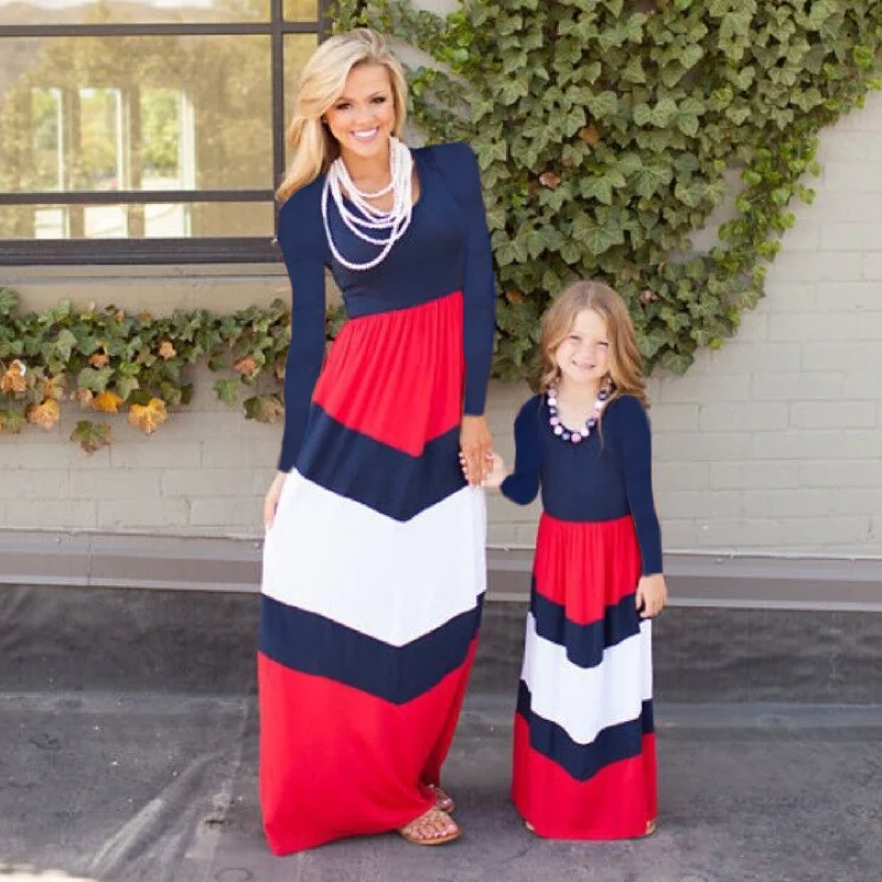 

2020 Wholesale Women and Kids Children Long Sleeve O-neck Stripe Printed Maxi Dress fashion clothing girls long dress