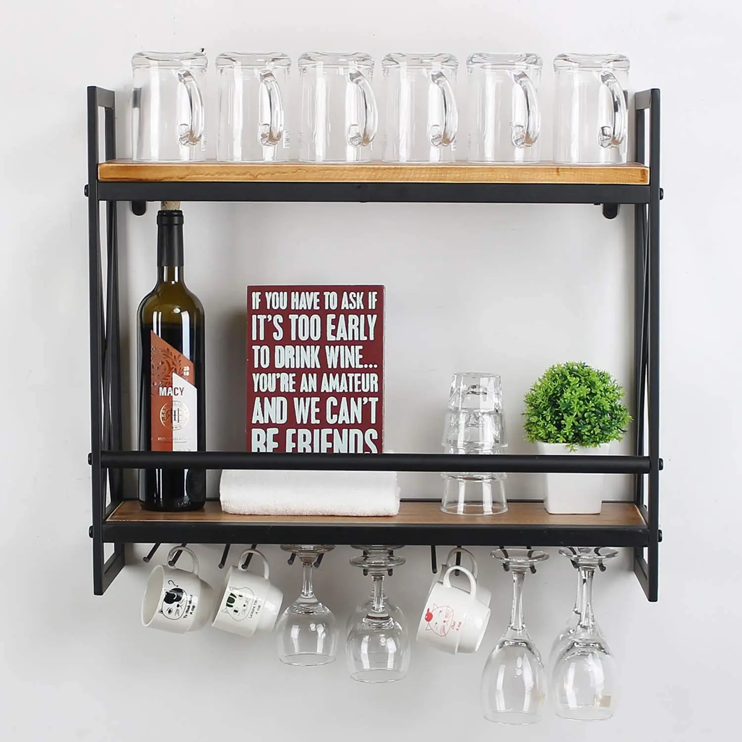 Industrial Wine Racks Wall Mounted with 6 Stem Glass Holder,24in Rustic Metal Hanging Wine Holder,2-Tiers Wall Mount Bottle Holder Glass Rack,Wood Shelves Wall Shelf Wine Accessories 