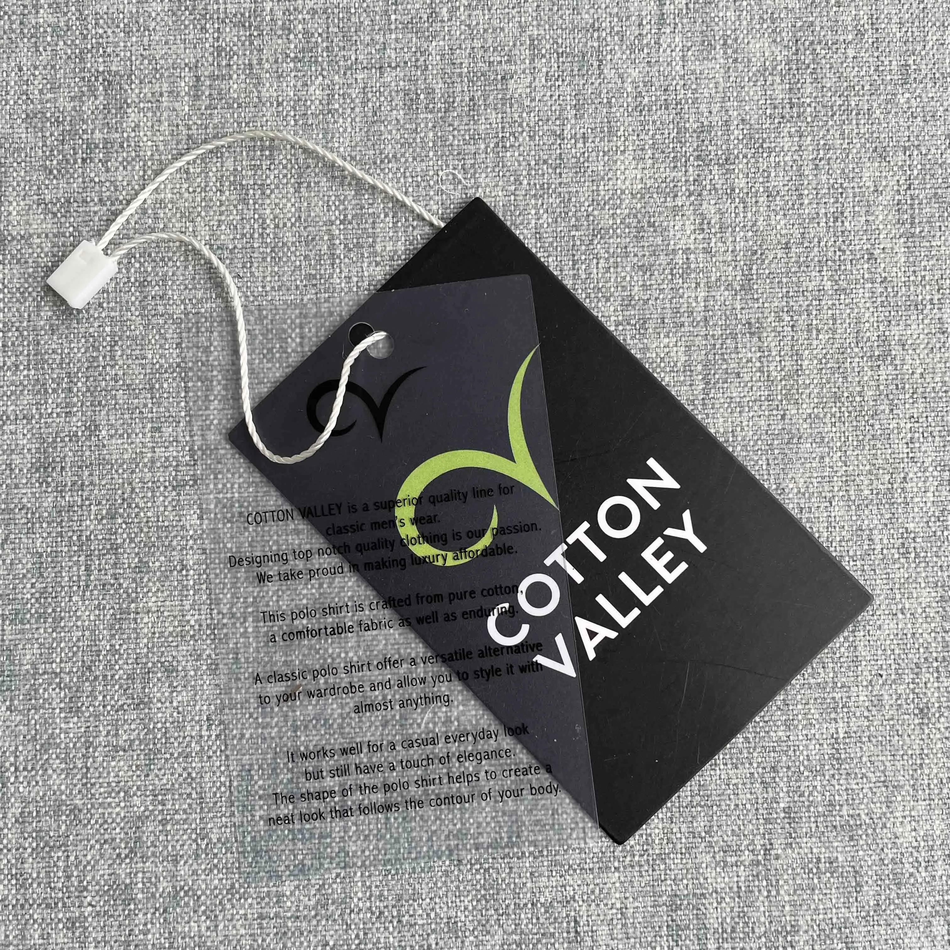 

Guangzhou White Matte Paper Clothing Own Logo Name Hang Tag For Dress,Jeans Hangtags String Loop PVC Plastic Tag Set Swing Tags, White, black, blue, red or custom color