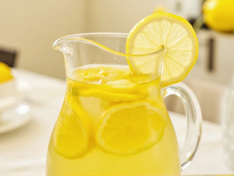 Fresh lemon slices in clear pitcher of homemade lemonade