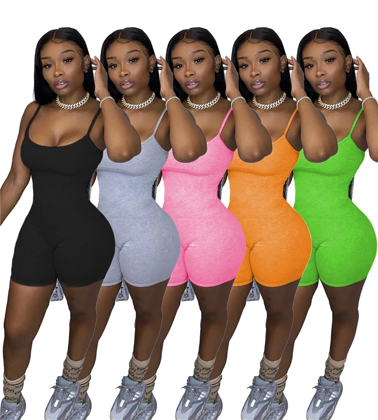 

DUODUOCOLOR 2021 summer pure color jumpsuits shorts for ladies sexy spaghetti strap one piece women jumpsuits D97350, Black, gray, pink, orange, green