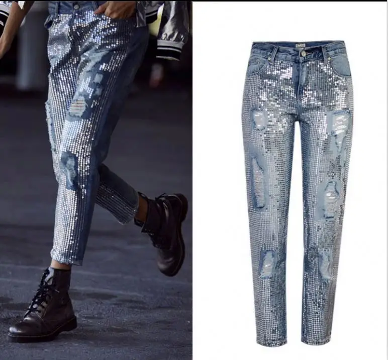 

Hot sale slim fit top design ladies denim pant skinny femme ribbed scratch distressed sequins washed high waist jeans woman, Light blue