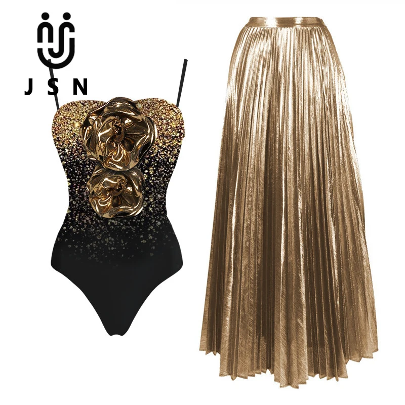 

JSN 2024 Trendy shiny gold swimwear women one piece swimsuits women bikini sets sexy swimwear beachwear