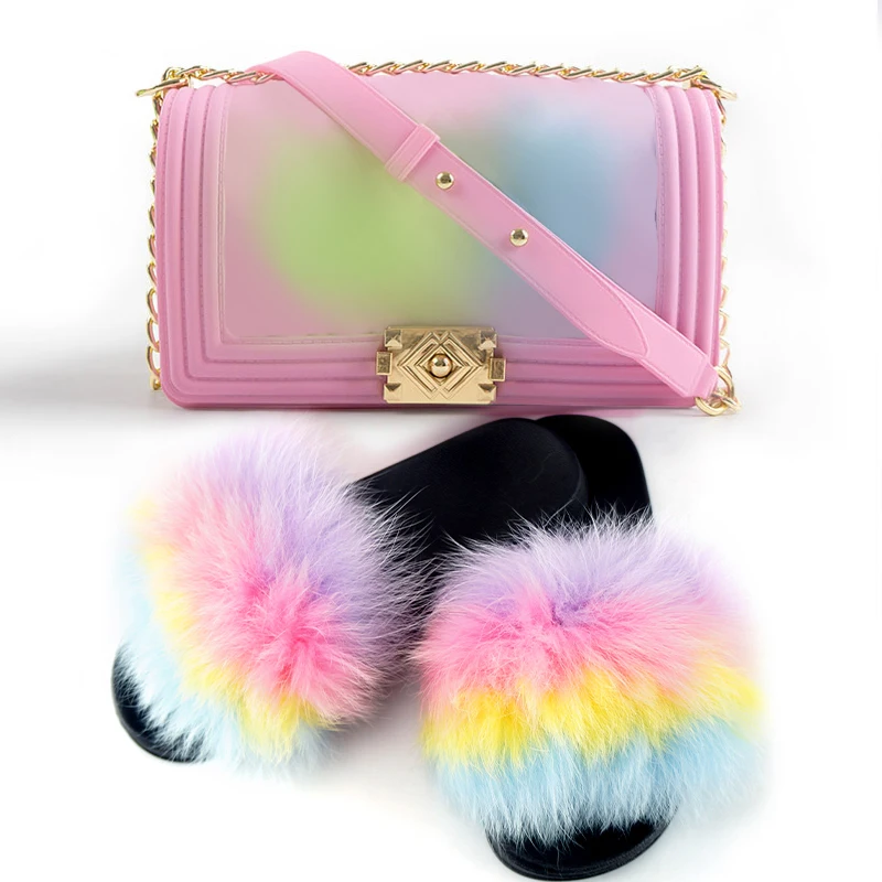 

Fur slides set 2021 fashion selling purse and shoe matching sets shoes and bags match women set /handbags for women, Solid color& rainbow color