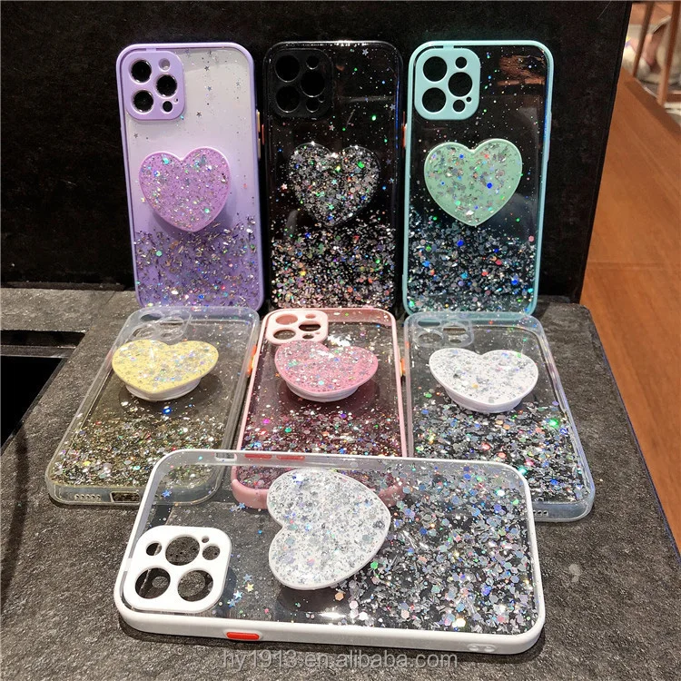 

2021epoxy luxury glitter phone case fine hole protect camera with bling holder tpu back cover for iphone 12pro 11 max 6 7 8