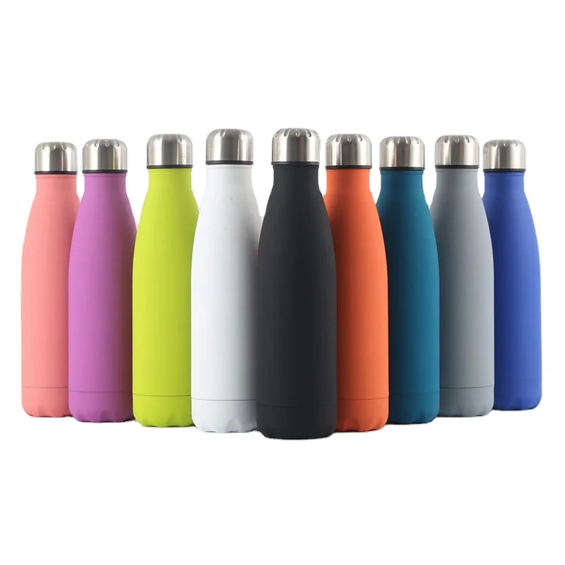 

In Stock Double Wall Cola Shaped Rubber Painting Reusable Stainless Steel Pink Water Bottles, Customized color acceptable