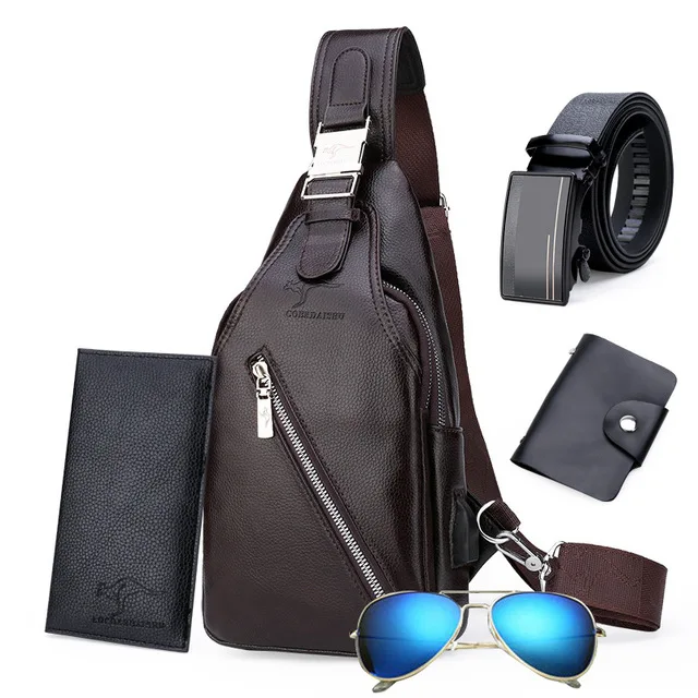 

Wholesale Fashion Outdoor Large Capacity Leather Bag Set One Shoulder Retro Chest Bag USB Charging Backpack Casual Men's Bag, Black,brown