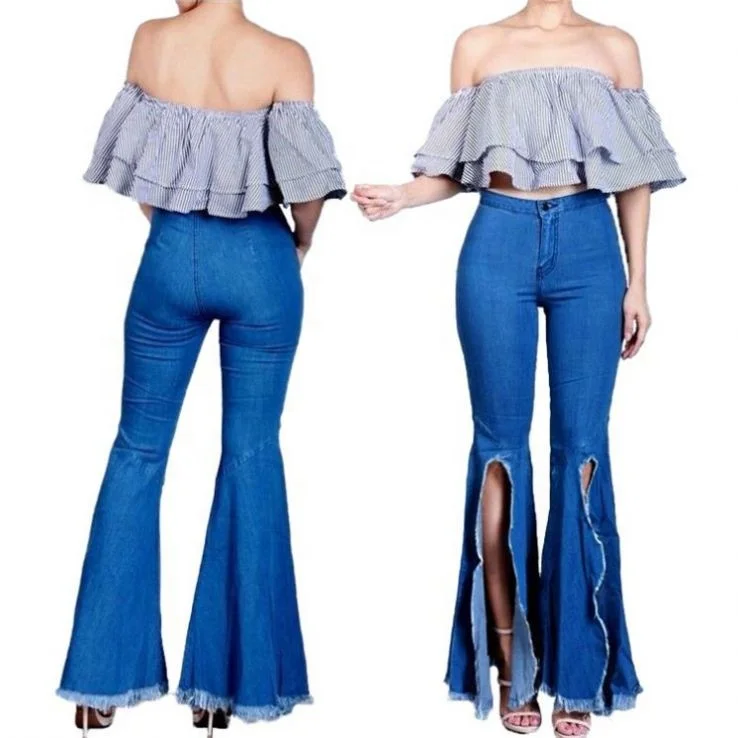 

New Design Mid Waist Slim Front Slit Stretch Long Flared Jeans High Womens Outfits Pants Clothing
