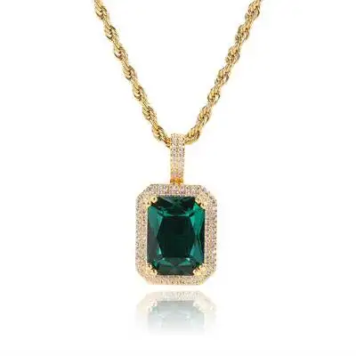 

Fashion Iced Cubic Zirconia Hiphop Gem Necklace Men & Women Jewelry Pink/Blue/Green/Red Square Gem Pendant Necklace, Gold,sliver