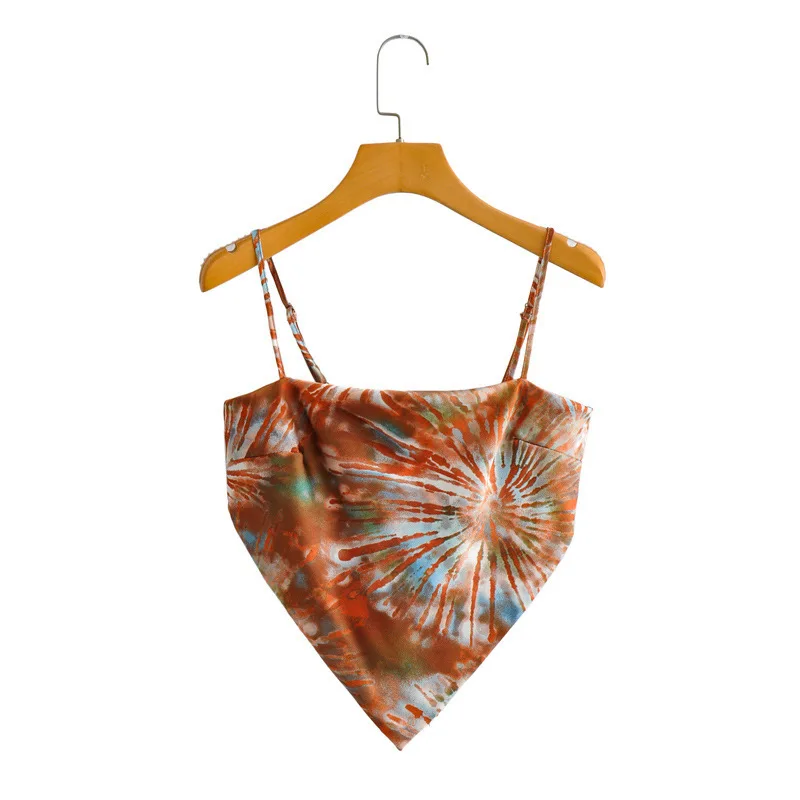 

Satin Designer Tie Back Scarf Print Tie Dye Spaghetti Strap Crop Top Women Casual High Street, Orange purple green