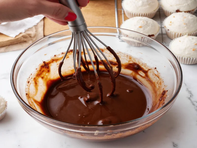 Mixing chocolate cupcake batter in glass bowl