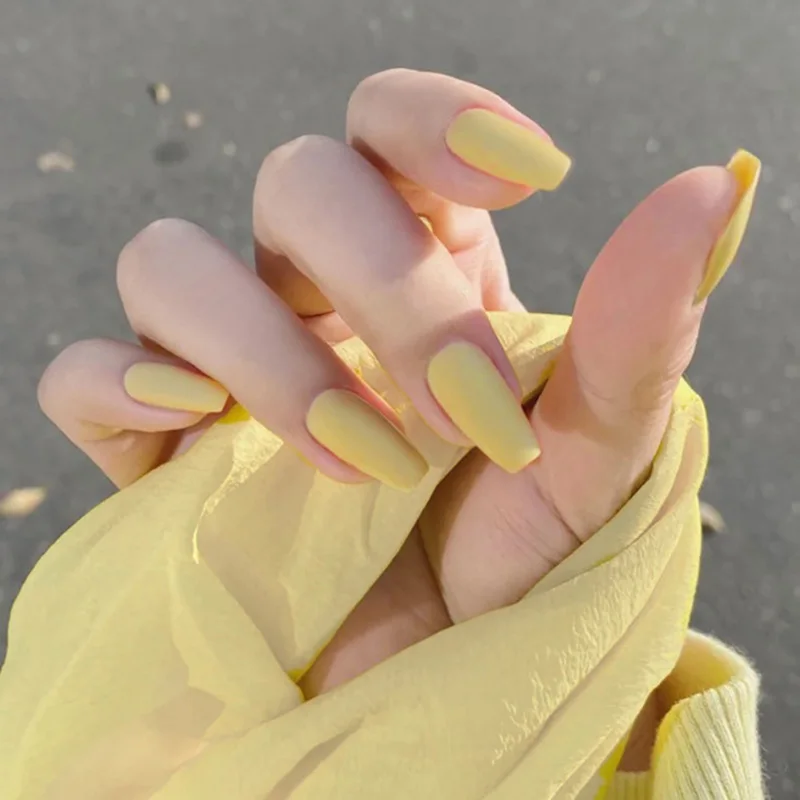 

24pcs/box Full Cover fales Press on Nails Matte Yellow Pure Acrylic Frosted Ballerina acrylic nails for Women and Girls