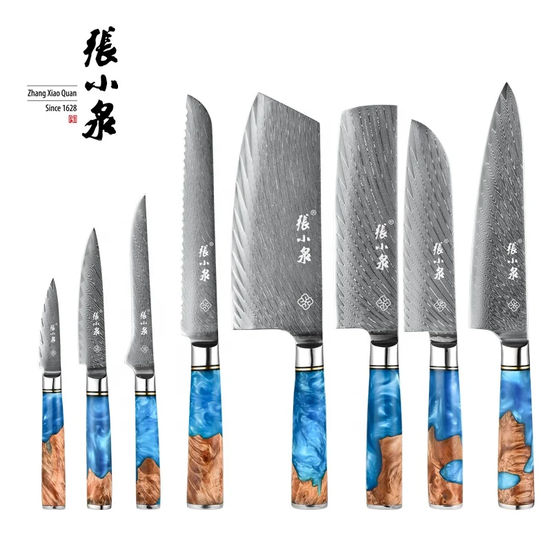 

Synthetic resin handle flatware set stablized wood resin damascus knife set