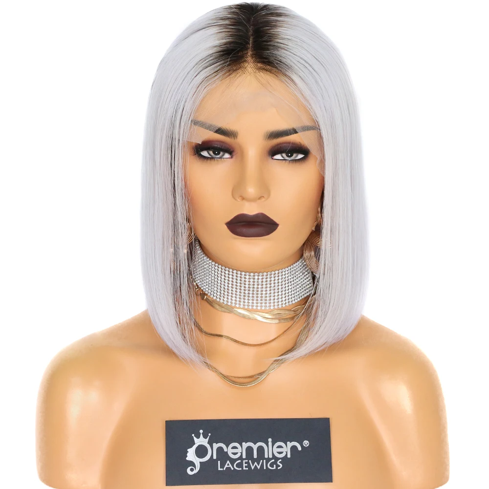 

Ready to Ship Wigs Virgin Brazilian Remy Human Hair silver grey color with dark roots Bob Cut Grey Human Hair Lace Front Wig