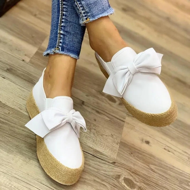 Women Flats Platform Shoes Slip On Casual Canvas Shoes Bow Knot Thick Bottom Mujer Lazy Loafers Espadrilles Y12419