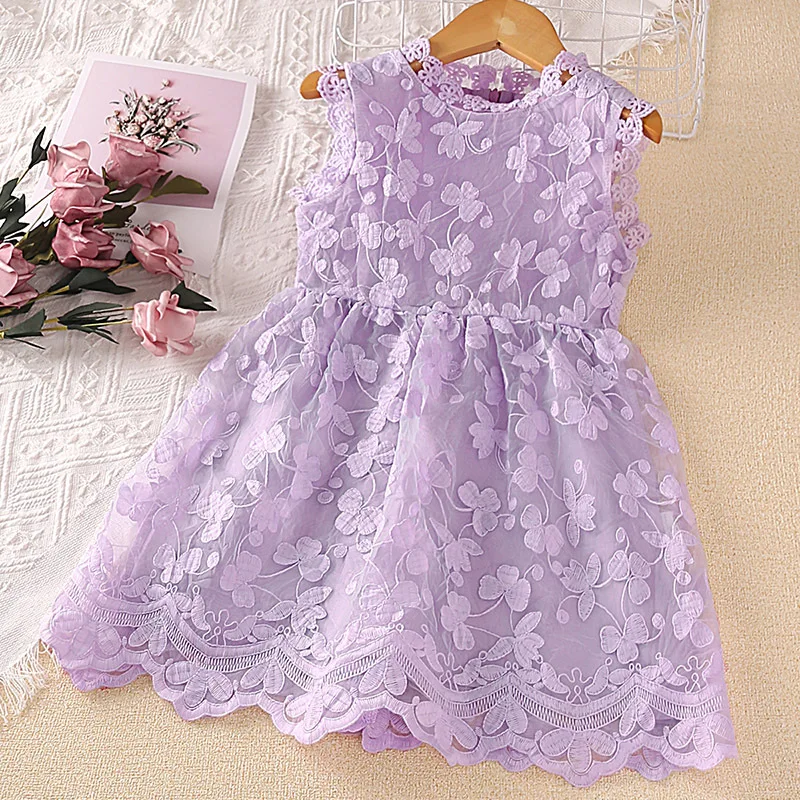 

Children Wear 2022 New Sweet Summer Frock Korean Solid Color Sleeveless Butterfly Embroidery Skirt Lace Princess Dress for Girls, Picture shows