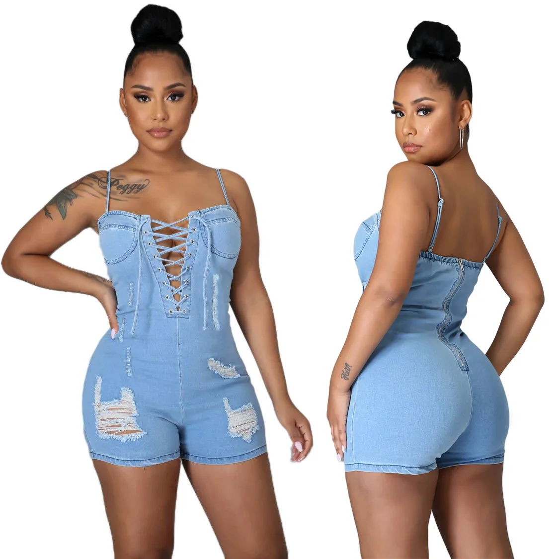 

J3232 - sexy fashion sleeveless ripped strap solid denim women slip rompers and jumpsuit