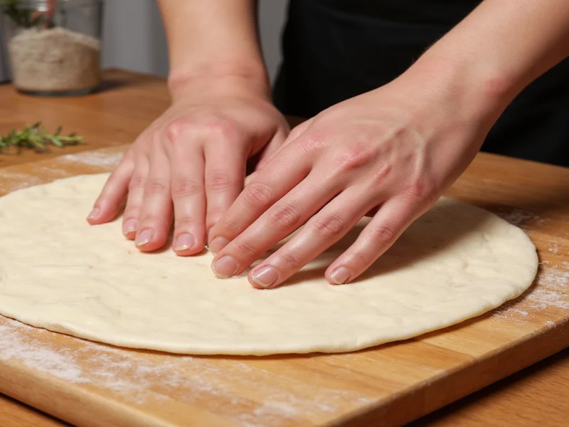 Hands kneading smooth tortilla dough on wooden surface