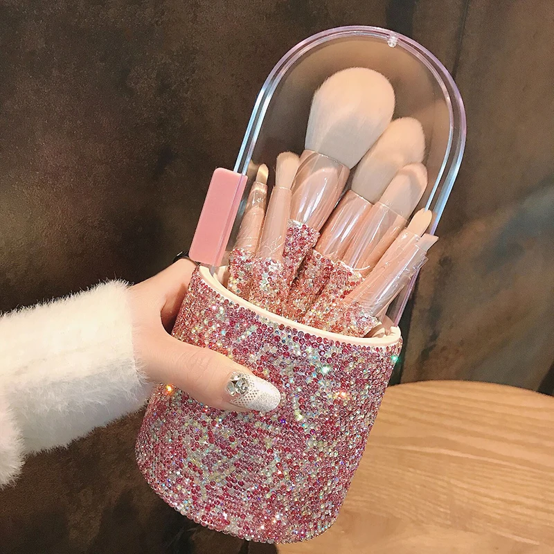 

whosesale 8pcs sparkling custom luxury rose pink rhinestone holographic glitter crystal diamond bling makeup brush with holders