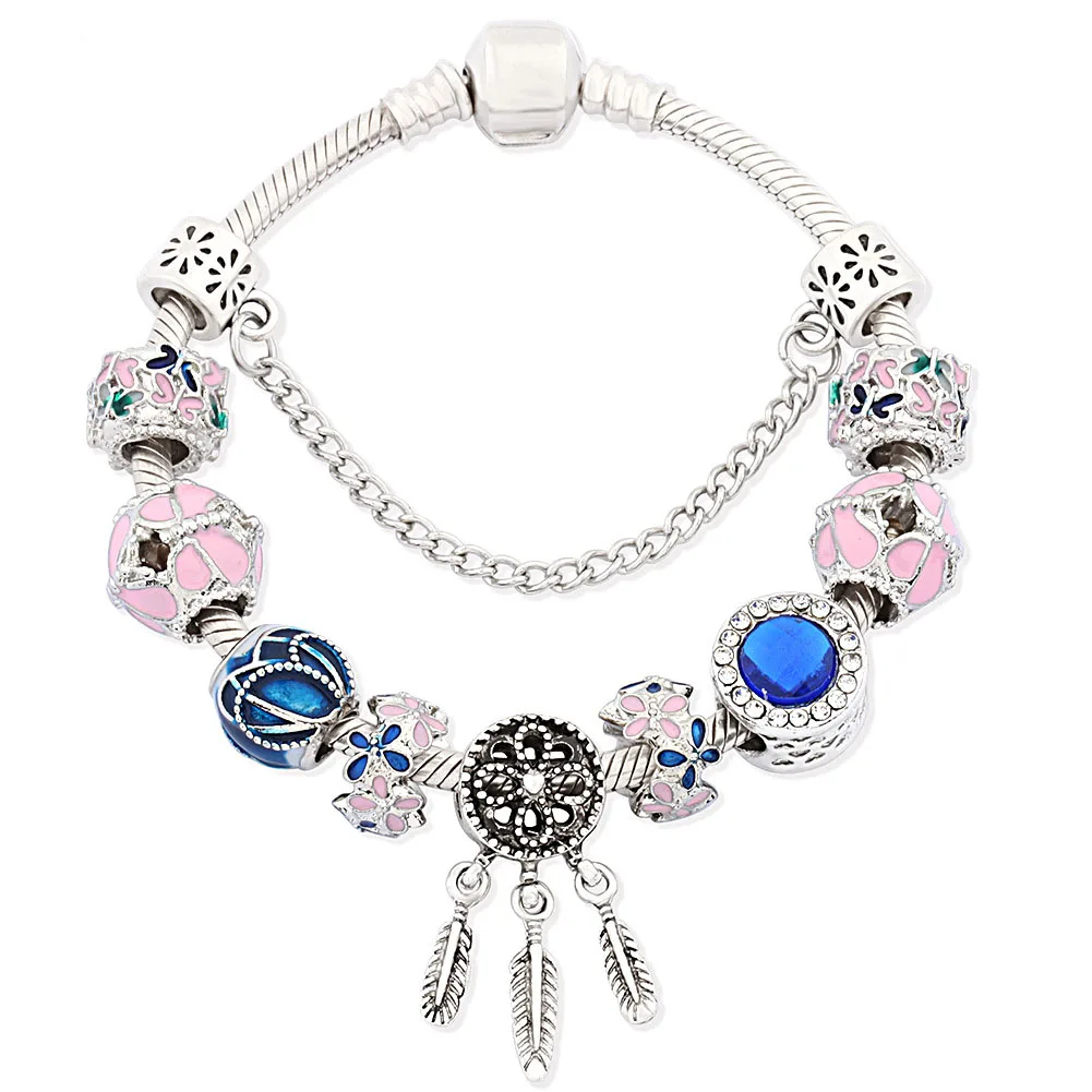 

Fashion Color dripping oil flower beads bracelet Dream catcher charm Blue crystal bangle for women, Silver