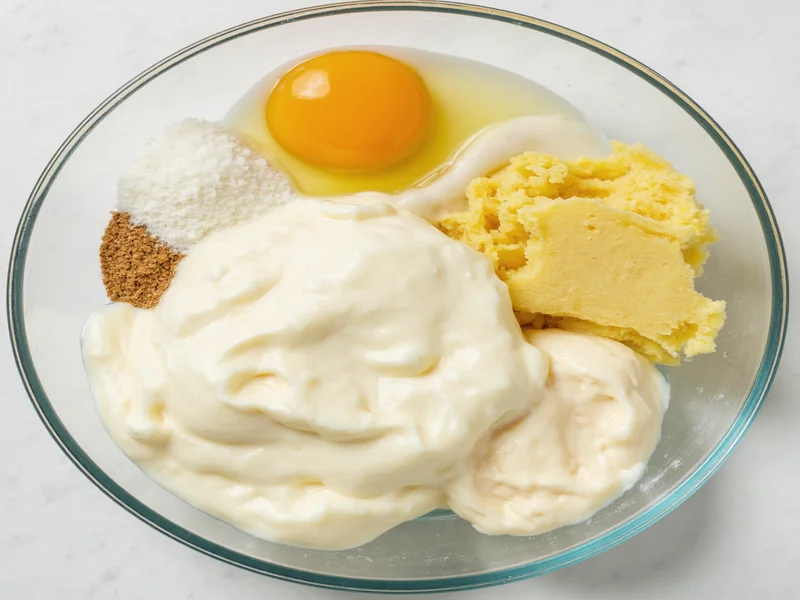 Homemade mayonnaise ingredients in glass bowls