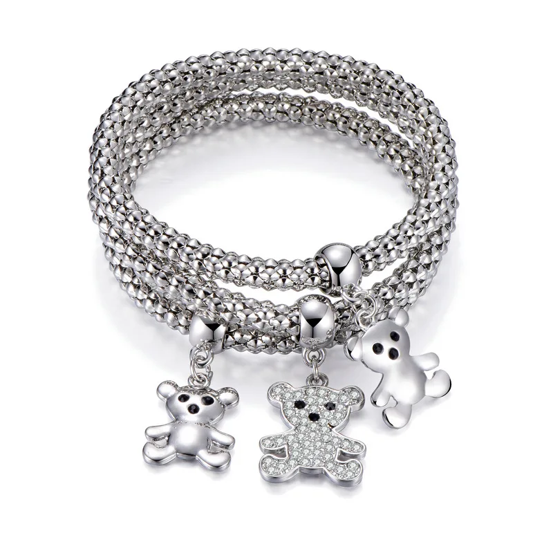 

Amazon Hot Sale Cute Kids Elastic Corn Chain Bear Bracelet Children Three Piece Set Crystal Bear Pendants Charm Bracelet, Picture shows