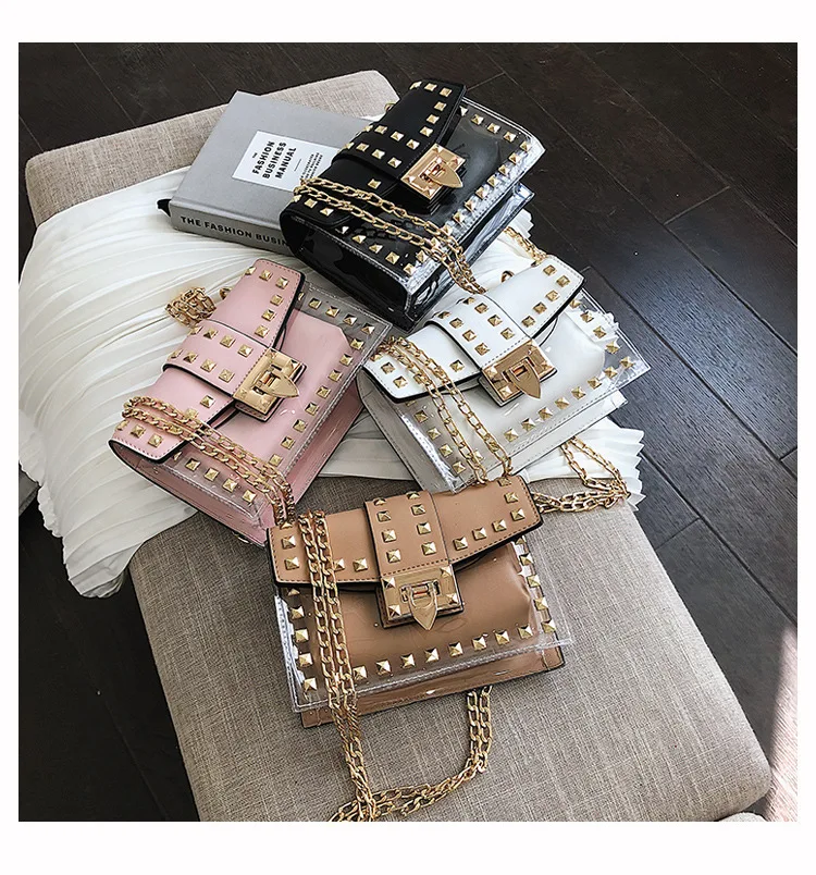 

TS9076 2020 New Fashion Rivet Shoulder Trend Wild Chain Crossbody Transparent Small Square Bag Ladies Handbags Women
