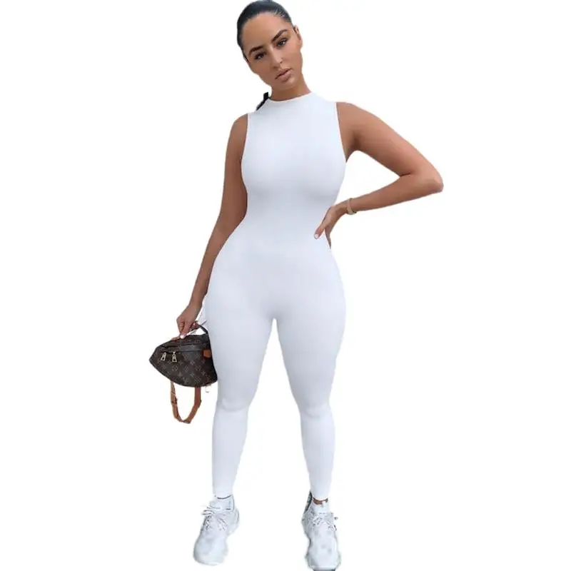 

2021 spring new women's sleeveless slim high waist sports jumpsuit, Red, khaki, green, black, pink,yellow, white, blue, gray, skin, coffee