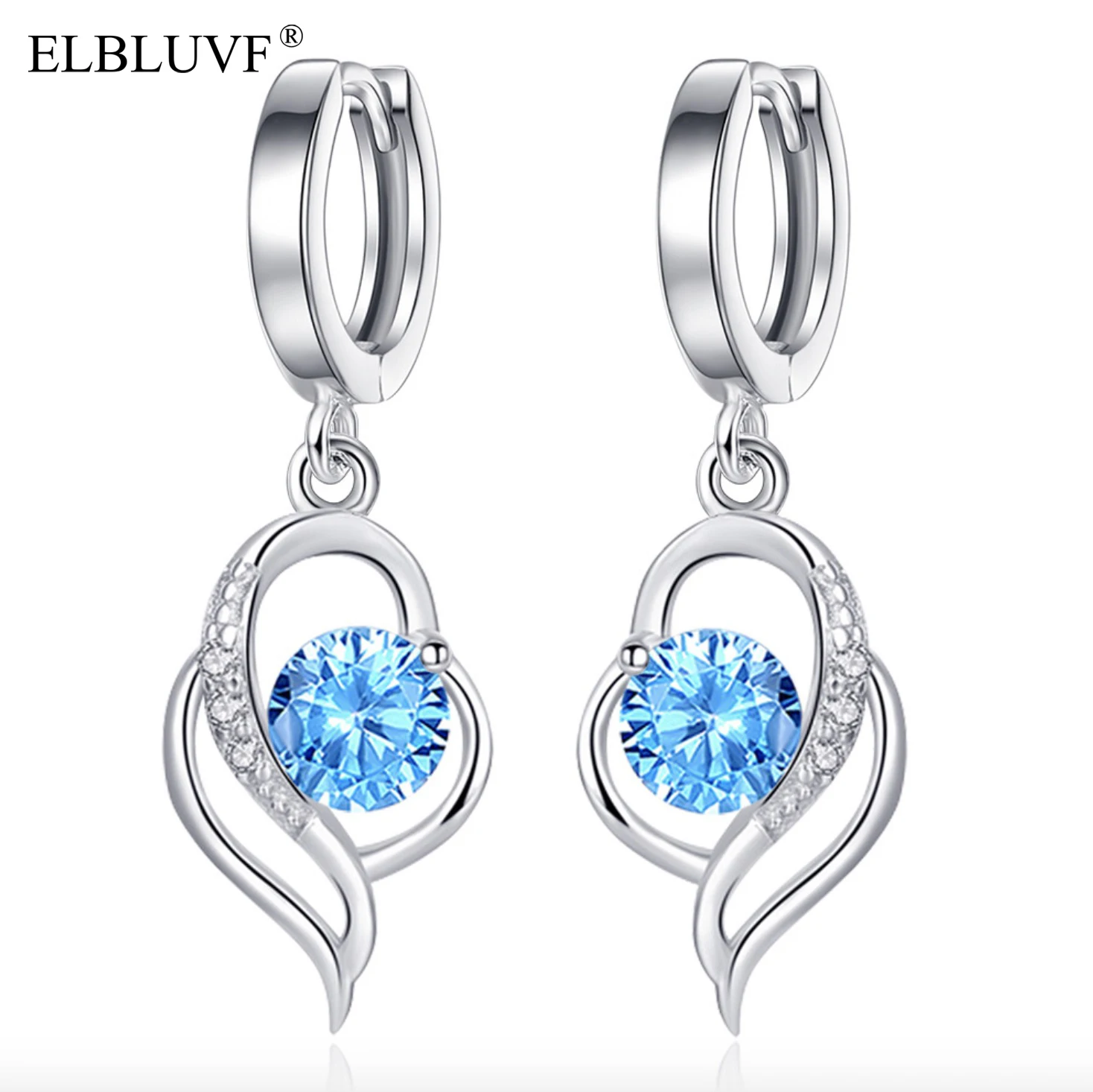 

ELBLUVF Free Shipping Women 925 Sterling Silver Plated Alloy Copper Korean Love Heart CZ Dangle Huggie Earrings, White gold