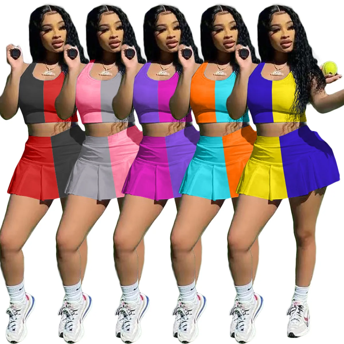 

2021 Summer women adult fashion Stitching color plus size casual sexy 2 piece tennis skirt wear outfits two piece shorts set, Multicolor optional