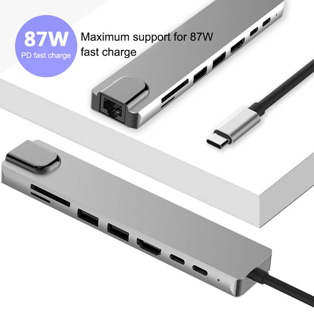 

USB C Hub Type-C 3.1 to 4K HDMI-Compatible RJ45 USB SD/TF Card Reader PD Fast Charge 8-in-1 USB Dock For MacBook Air Pro PC HUB, Silver