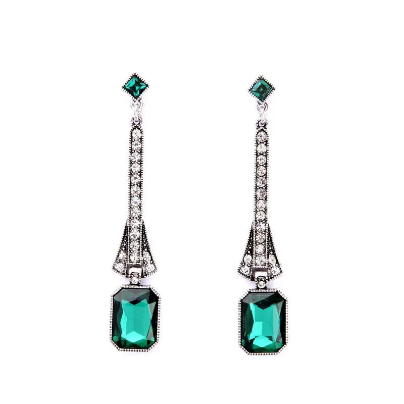 

Green Stone Glass Gemstone Crystal Rhinestone Geometric Long Fashion Silver Vintage Earrings for Women 2021 aretes de plata