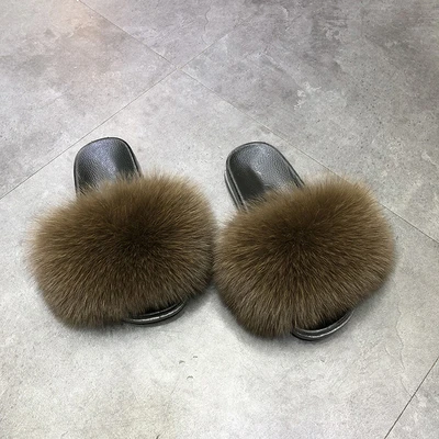 

Wholesale multi color real fox fur slides furry fluffy women fur slippers, Customized color