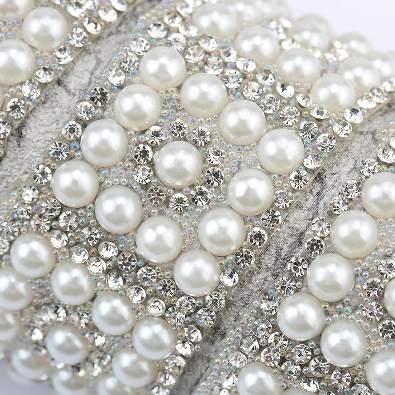 
1Yard ABS Round Pearl Beads Trim rhinestone Decoration Sewing Trim Crystal Hot Fix Rhinestone With Iron On Appliques For Dress 