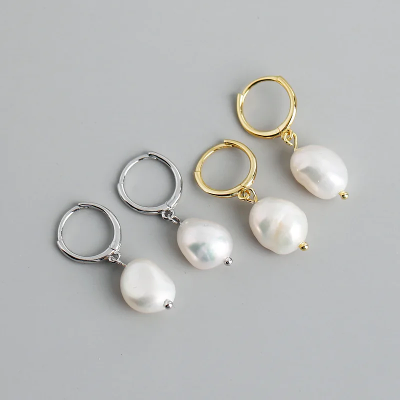 

Korea Baroque Irregular Freshwater Pearl Huggie Earrings S925 Sterling Silver Hoop Earrings, Gold